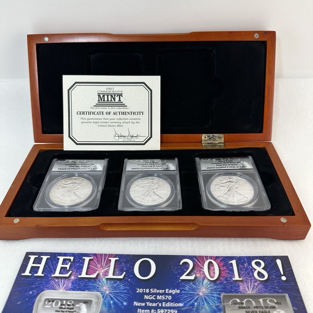 2017 P W S Silver Eagle ANACS MS70 FDOI 3 Coin Matching #1543 Set Box